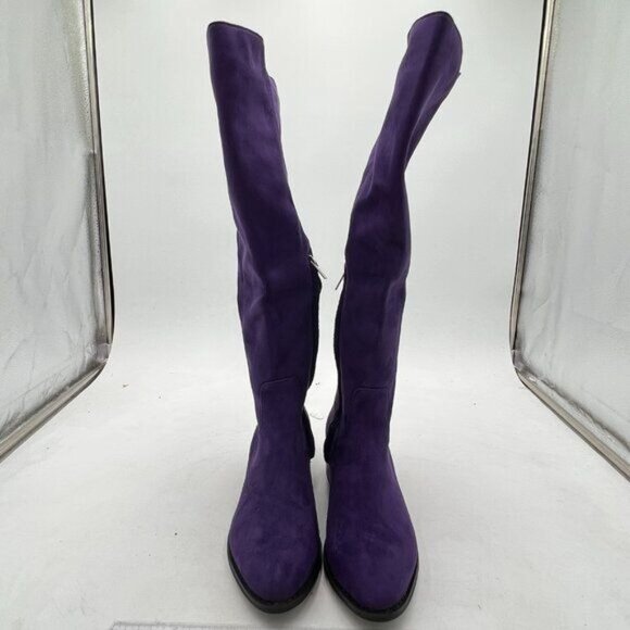 Purple Low Stacked Heel Knee High Square Toe Suede Chunky Wide Calf Pull On Boot - Picture 1 of 7